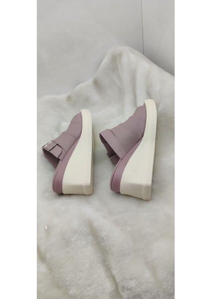 Çiğdem Gerçek Deri Pudra Kadın Geniş Bantlı Dolgu Topuk Terlik - Pudra - 37 - ST02562-12953