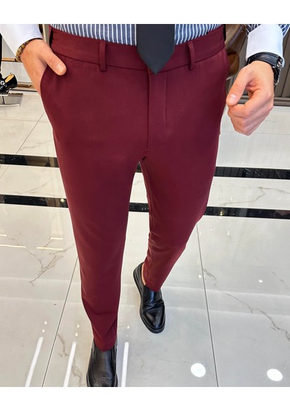 Italyan Stil Slim Fit Erkek Pantolon Bordo T7897