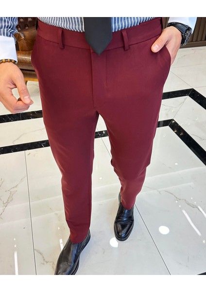 Italyan Stil Slim Fit Erkek Pantolon Bordo T7897 fiyatları