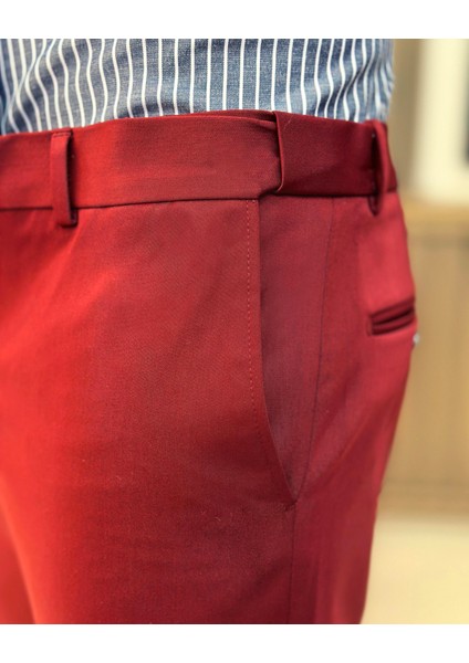 Italyan Stil Slim Fit Erkek Pantolon Bordo T7897 modelleri