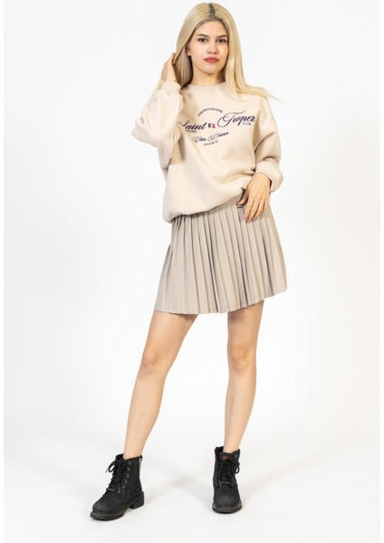 Bisiklet Yaka Önü Nakışlı Taş Rengi Sweatshirt, Içi Polarlı Kazak