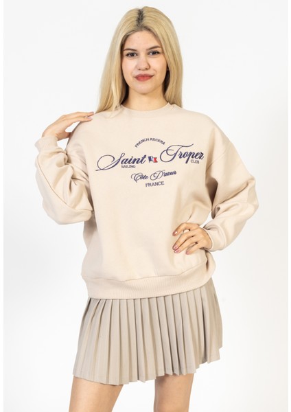 Bisiklet Yaka Önü Nakışlı Taş Rengi Sweatshirt, Içi Polarlı Kazak modelleri