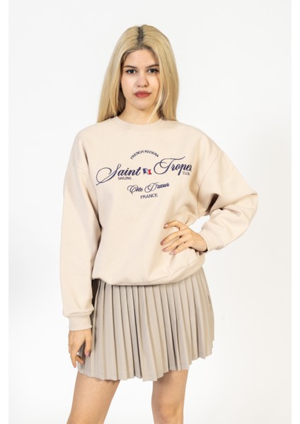 Bisiklet Yaka Önü Nakışlı Taş Rengi Sweatshirt, Içi Polarlı Kazak fırsatları