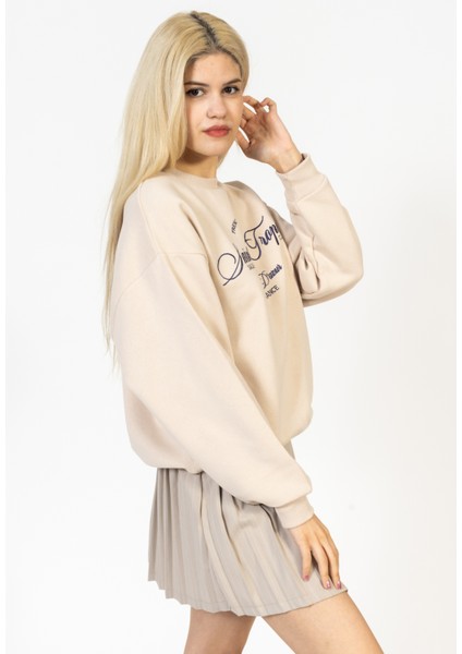 Bisiklet Yaka Önü Nakışlı Taş Rengi Sweatshirt, Içi Polarlı Kazak indirimleri