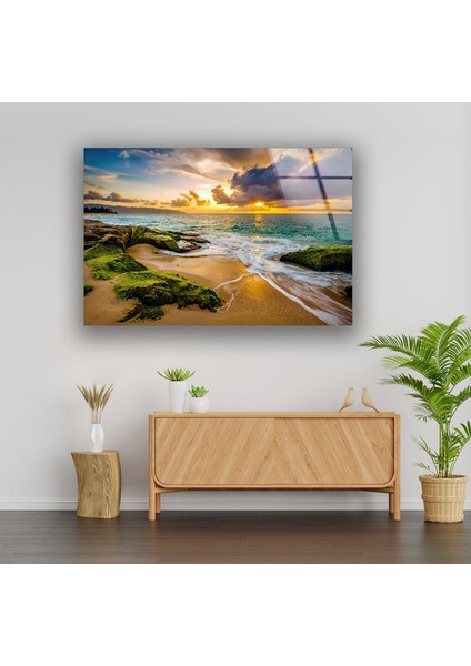 Sahil Gün Batımı Tempered Cam Duvar Tablosu modelleri