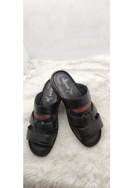 Çiğdem Gerçek Deri Siyah-Kahve Ortopedik Büyük Numara Terlik - Siyah-Kahve - 46 - ST02628-13333