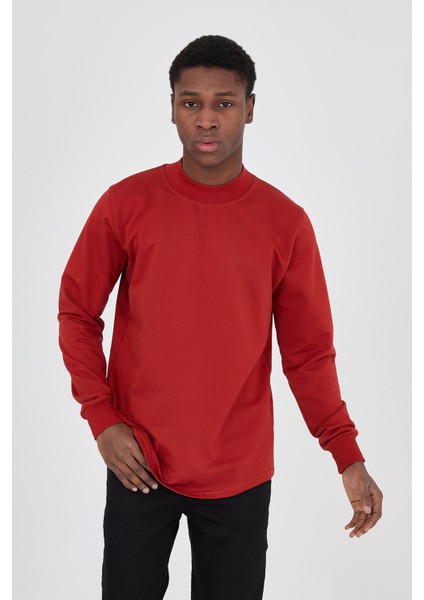 Grody.t Erkek Basic Regular Fit Yarım Balıkçı Sweatshirt Pamuk 2 Iplik Kiremit