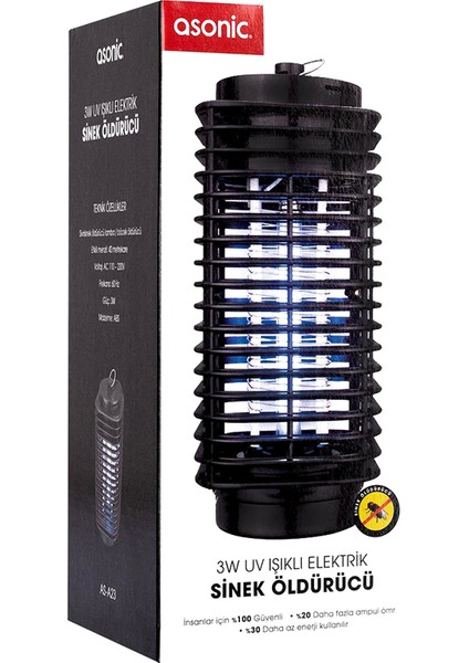 Asonic AS-A23 3 Watt Siyah Uv Işıklı Sinek Öldürücü Sivri Sinek Cız Mor Işık Koruyucu