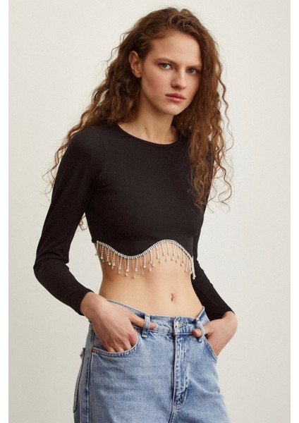 Parlak Taşlı Crop Siyah
