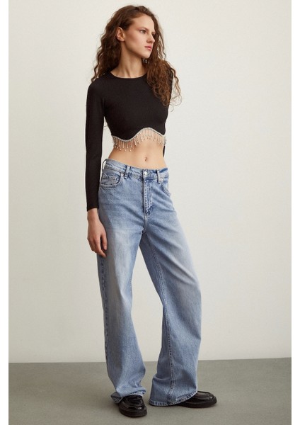 Parlak Taşlı Crop Siyah modelleri