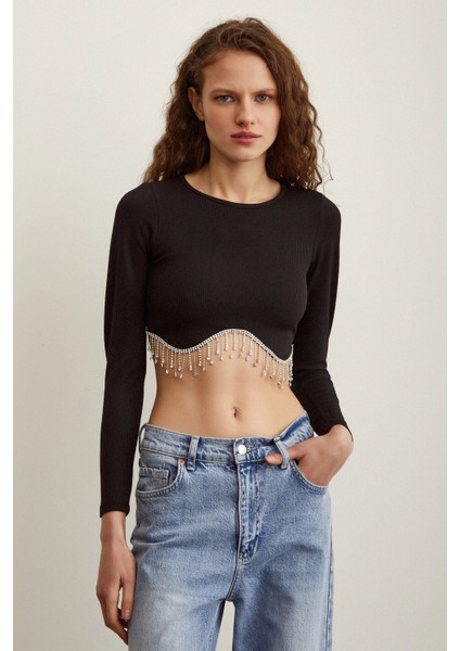 Parlak Taşlı Crop Siyah fırsatları