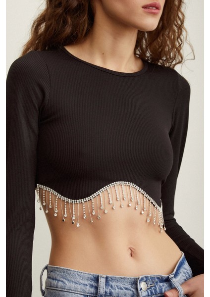 Parlak Taşlı Crop Siyah indirimleri