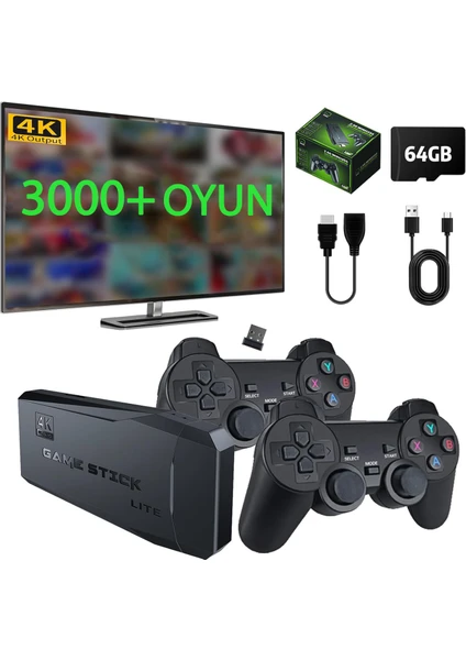 Kablosuz Çift Kol Oyun Konsolu 3000+ Oyun 4K Full HD Oyun Konsolu Game Stick TV Oyun Konsolu Atari Oyun Konsolu