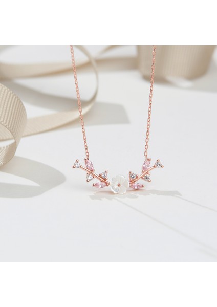 925 Ayar Rose Kaplama Manolya Çiçekli Sevgi Dalı Gümüş Kolye