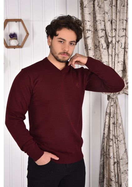 Erkek V Yaka Bordo Slim Fit Triko Kazak