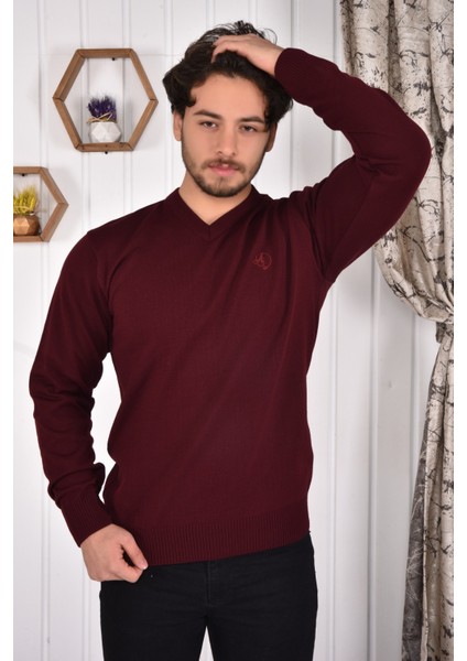 Erkek V Yaka Bordo Slim Fit Triko Kazak