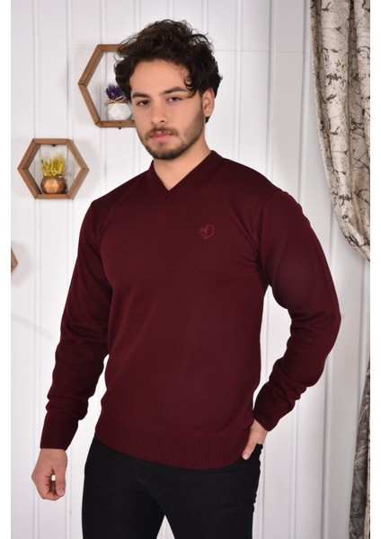 Erkek V Yaka Bordo Slim Fit Triko Kazak