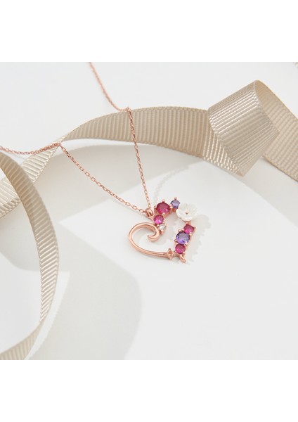 925 Ayar Rose Kaplama Manolya Çiçekli Kalp Gümüş Kolye