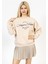 Bisiklet Yaka Önü Nakışlı Taş Rengi Sweatshirt, Içi Polarlı Kazak 3