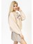 Bisiklet Yaka Önü Nakışlı Taş Rengi Sweatshirt, Içi Polarlı Kazak 5