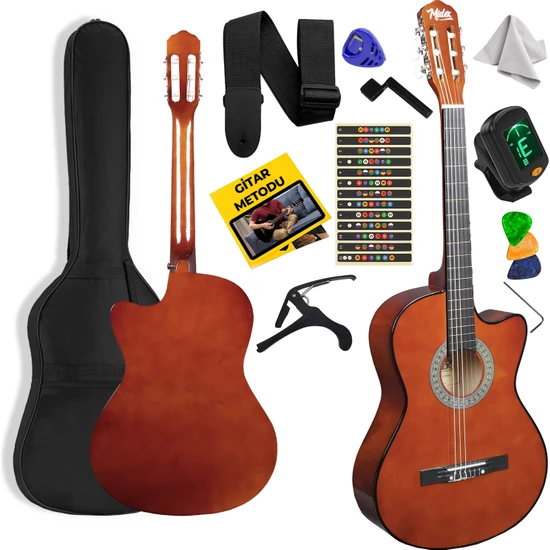 Midex CG-395BRW Kahve Renk Kesik Klasik Gitar 4/4 Yetişkin Boy Sap Ayarlı Full Set