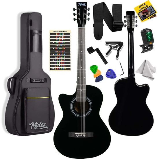 Midex XC-121 Siyah Kaliteli Solak Akustik Gitar Gül Klavye Sap Ayarlı 4/4 Yetişkin Boy Full Set