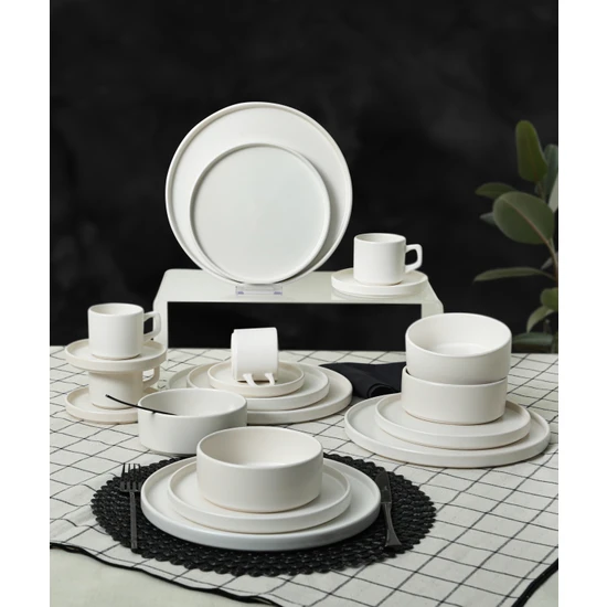 Keramika Mat Beyaz Stackable Yemek / Kahvaltı Takımı  20 Parça 4 Kişilik