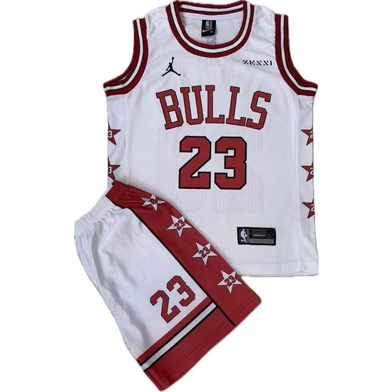 Yenteks Basketbol Beyaz- Kırmızı Çocuk Forması 3 Lü Set Jordan Bulls Ithal Kumaş BYZBUL031