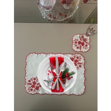 Lilies Atelier Çiçek Desenli Nakış Keten Sofra Takımı 2 Adet Amerikan Servis ve 2 Adet Kokteyl Peçetesi