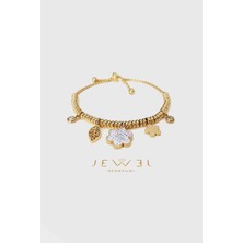 Jewel Asansörlü Beyaz Çiçek Taşlı Gold Altın Kaplama Bileklik