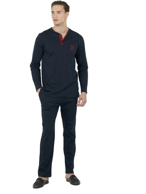 D'S Damat Regular Fit Erkekler İçin Koyu Lacivert Pamuk Pijama Takımı Rahat ve Şık