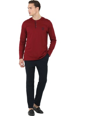 D'S Damat Erkek Regular Fit Pamuk Pijama Takımı Bordo Renkli Desenli Rahat Kullanım