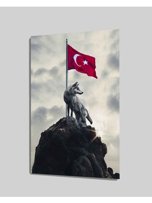 Premium Global Dekoratif Baskı Duvar Sanatı  Kurt ve Türk Bayrağı Cam Tablo