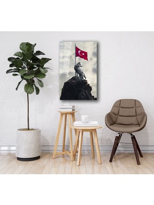 Premium Global Dekoratif Baskı Duvar Sanatı  Kurt ve Türk Bayrağı Cam Tablo
