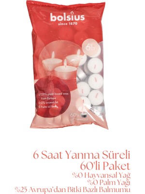 Bolsius 6 Saat Yan Ma Süreli, 60'Li Paket, Dumansız, Yumuşak Ateşli Tealight Mum