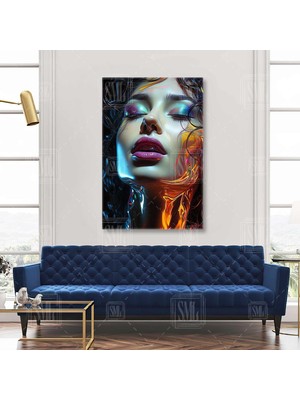 Mavi Makyajlı Kadın Modern Sanat Güzellik Salonu Dikey Kanvas Tablo