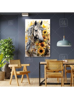 SML Tablo Ayçiçekleri Içinde Yeleli Beyaz At Dikey Kanvas Tablo