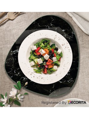Decorita Cam Tabak | Kahvaltı Tabağı | Cam Supla | 2'li Takım | Siyah Mermer Görünümlü | 32CM x 35CM