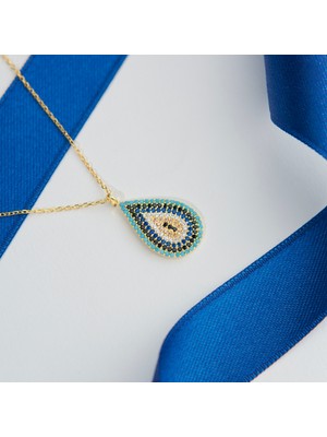 Siset Gümüş 925 Ayar Sarı  Altın  Kaplama  Damla  Nazar  Boncuklu Gümüş  Kolye