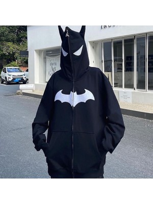 Köstebek Yeni Siyah Batman Kulak Detaylı Fermuarlı (Unisex) Kapüşonlu Sweatshirt