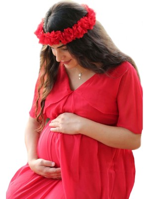 Moda Labio Babyshower Melek Kol Kırmızı Hamile Elbisesi