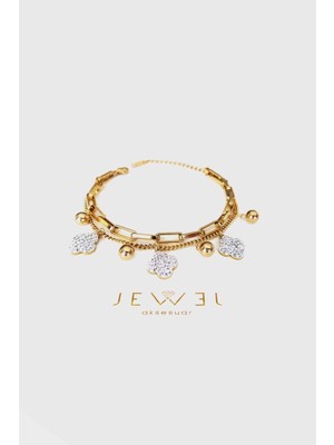 Jewel Boncuk Taşlı Üç Yonca Gold Altın Kaplama Bileklik