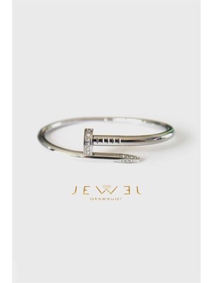 Jewel Çivi Model Detay Taşlı Beyaz Altın Kaplama Bileklik