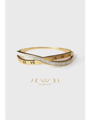 Jewel Roma Rakamlı Şerit Taşlı Tek Taş Gold Altın Kaplama Bileklik