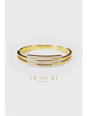 Jewel Üç Sıra Desen Taşlı Gold Altın Kaplama Kelepçeli