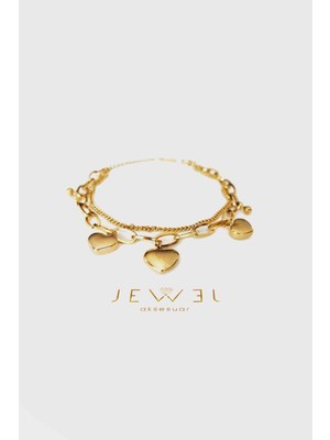 Jewel Çift Zincir Üç Kalp Model Gold Altın Kaplama Bileklik