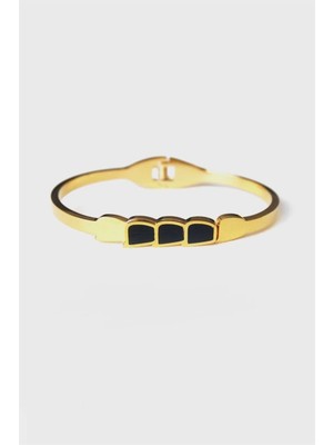 Jewel Siyah Taşlı Üçgen Geçiş Gold Altın Kaplama Bileklik