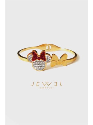 Jewel Kırmızı Fiyonklu Mickey Gold Altın Kaplama Bileklik