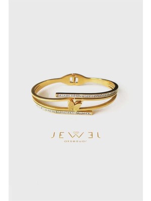 Jewel Kelebek Detaylı Çift Şerit Taşlı Gold Altın Kaplama Bileklik