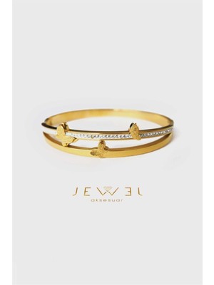Jewel Üçlü Kelebek Şerit Taşlı Gold Altın Kaplama Bileklik